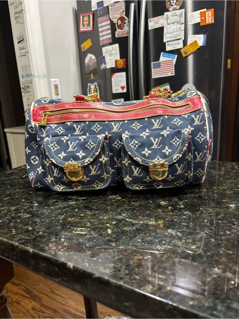 Louis Vuitton Blue Monogram Denim Shoulder Bag with Red Trim
